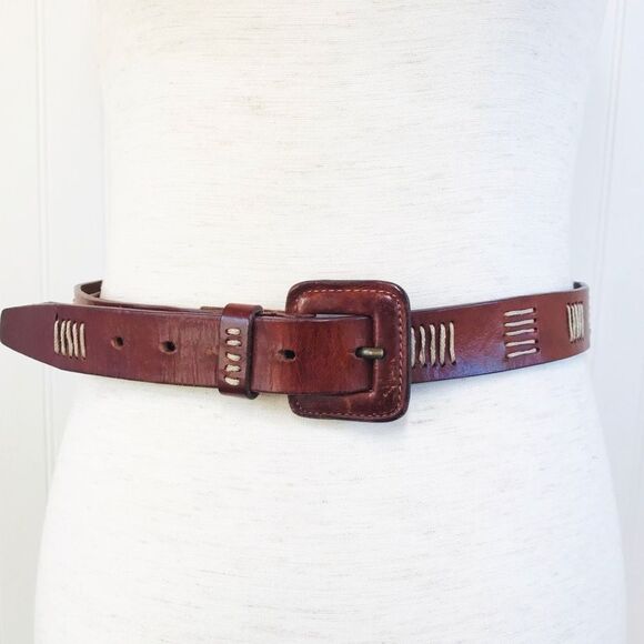 VINTAGE 90s Y2K Whiskey Brown Embroidered Leather Belt Cognac Classic Medium - Picture 2 of 8